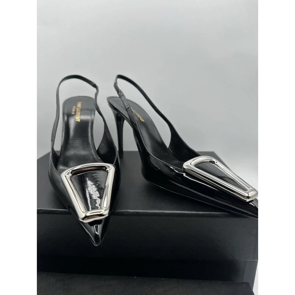 Saint Laurent Avenue Pointed Toe Slingback Pump Shoes Size 38.5 Negro - Picture 2 of 10